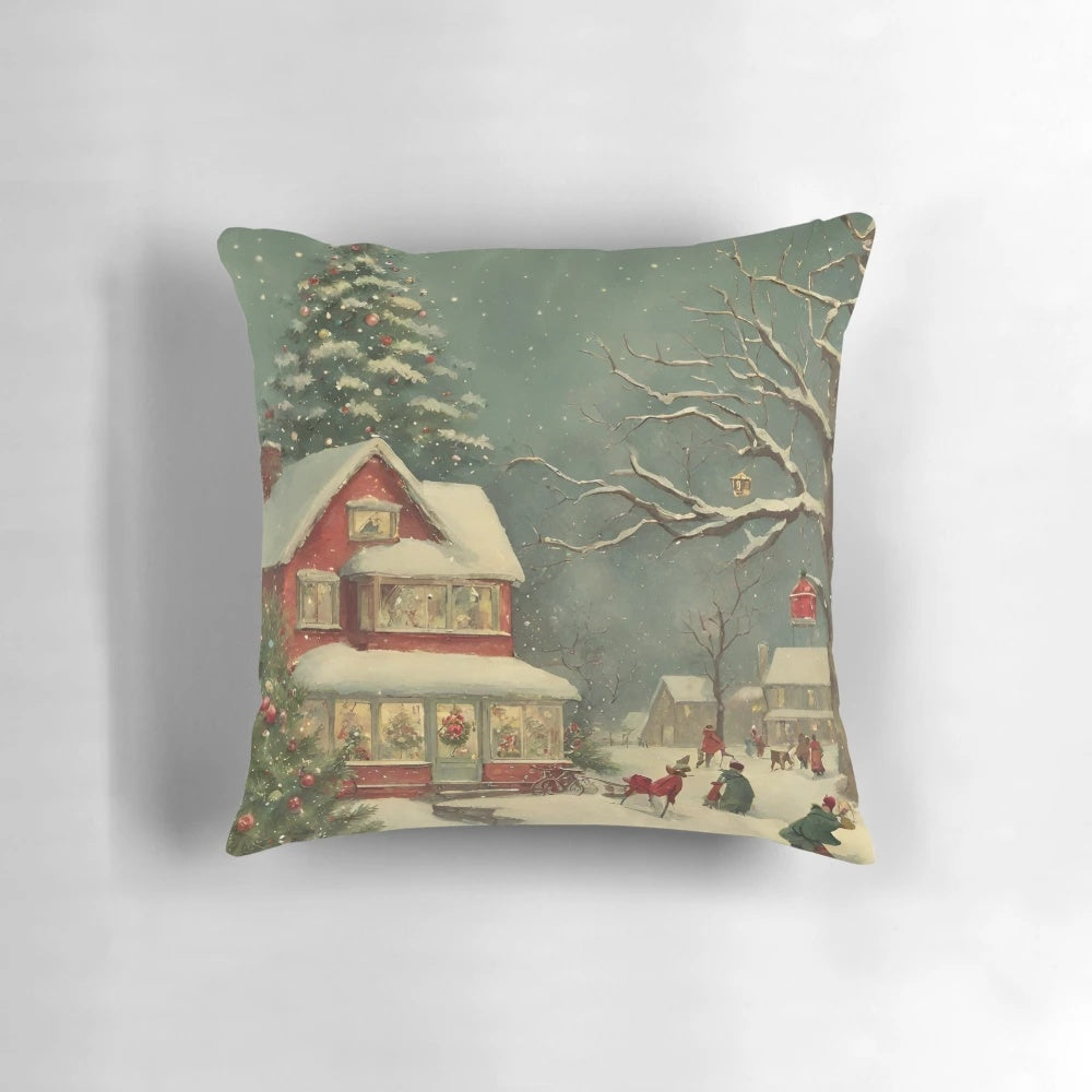 A cozy vintage-style Christmas pillow with a snowy winter scene and twinkling lights