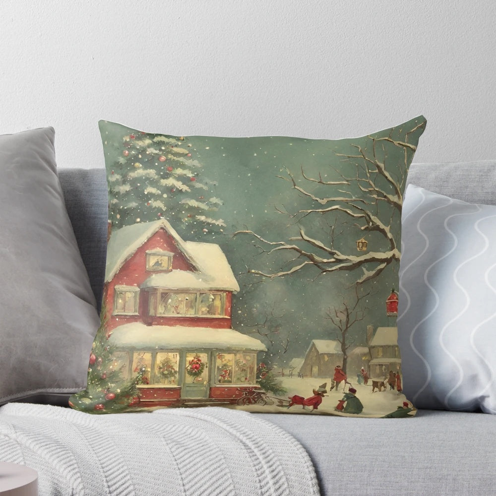A cozy vintage-style Christmas pillow with a snowy winter scene and twinkling lights