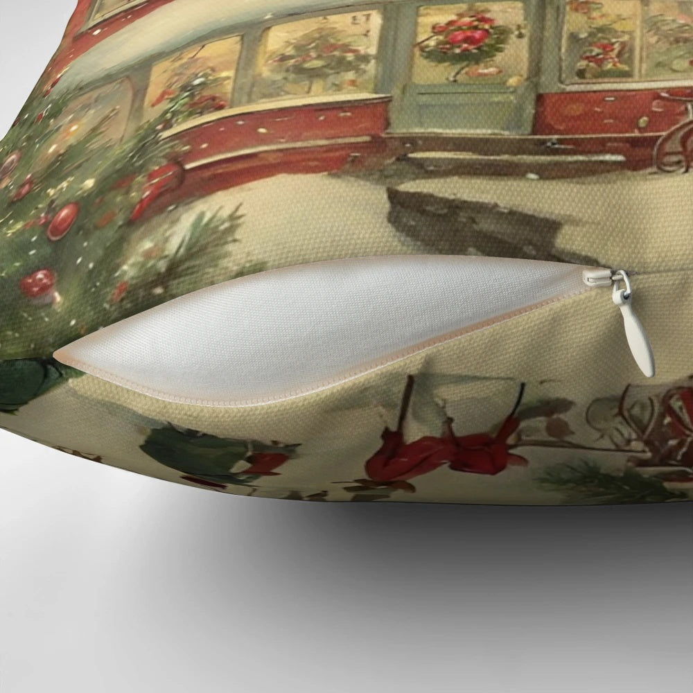 A cozy vintage-style Christmas pillow with a snowy winter scene and twinkling lights