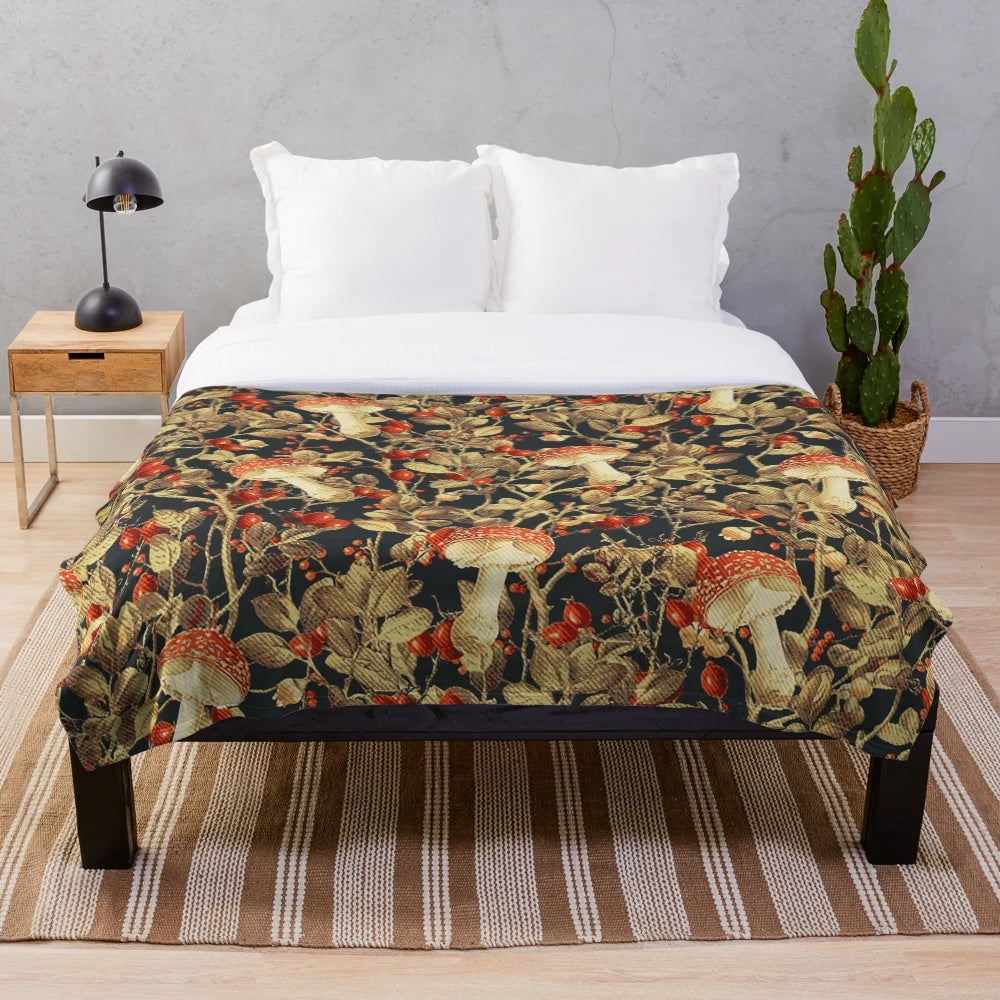 Vintage garden-inspired plush blanket with floral and mushroom print design