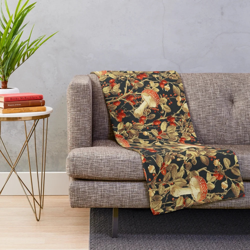 Vintage garden-inspired plush blanket with floral and mushroom print design