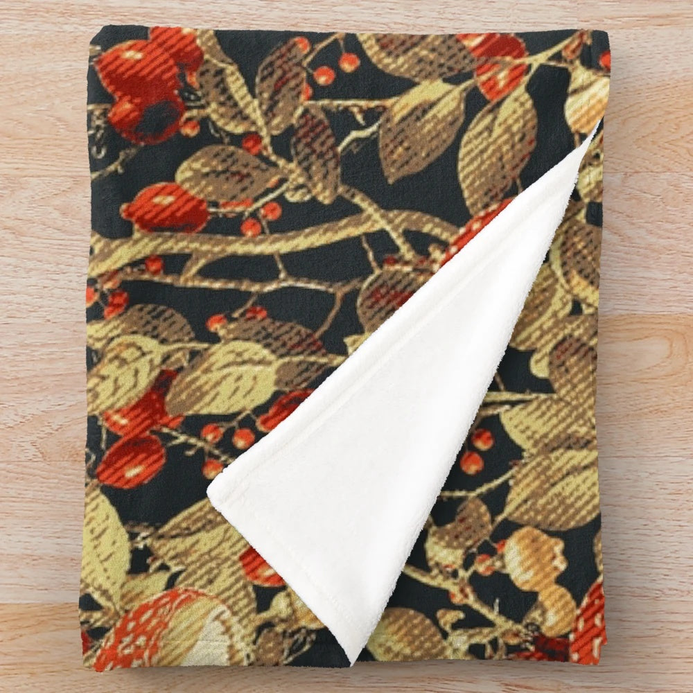 Vintage garden-inspired plush blanket with floral and mushroom print design