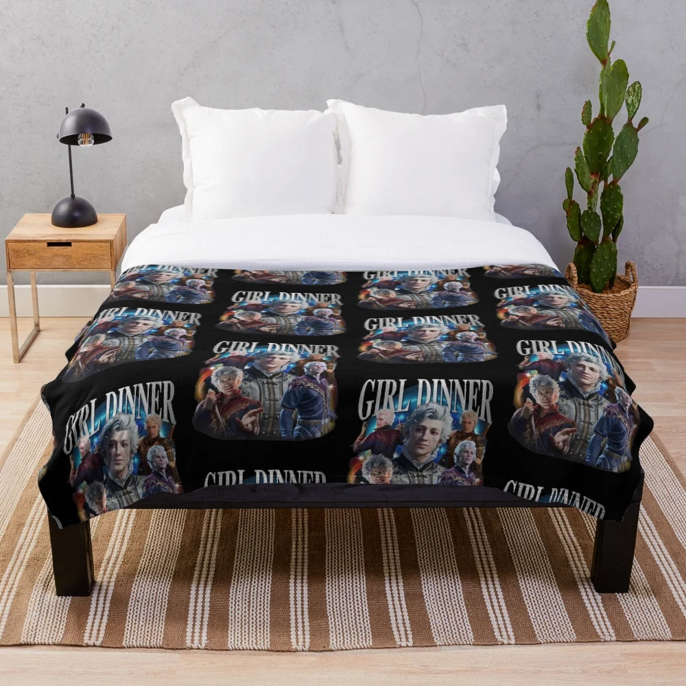 Vintage-style plush blanket featuring the fantasy character Astarion from Baldur's Gate