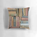 Vintage-style pillow featuring stacks of antique books and book spines in a cozy, rustic design