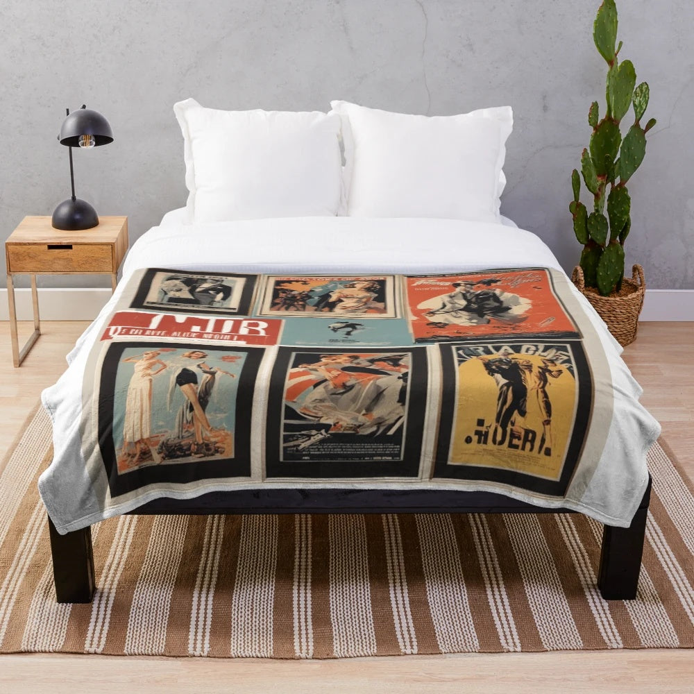 Vintage-style plush blanket with classic cinema motif