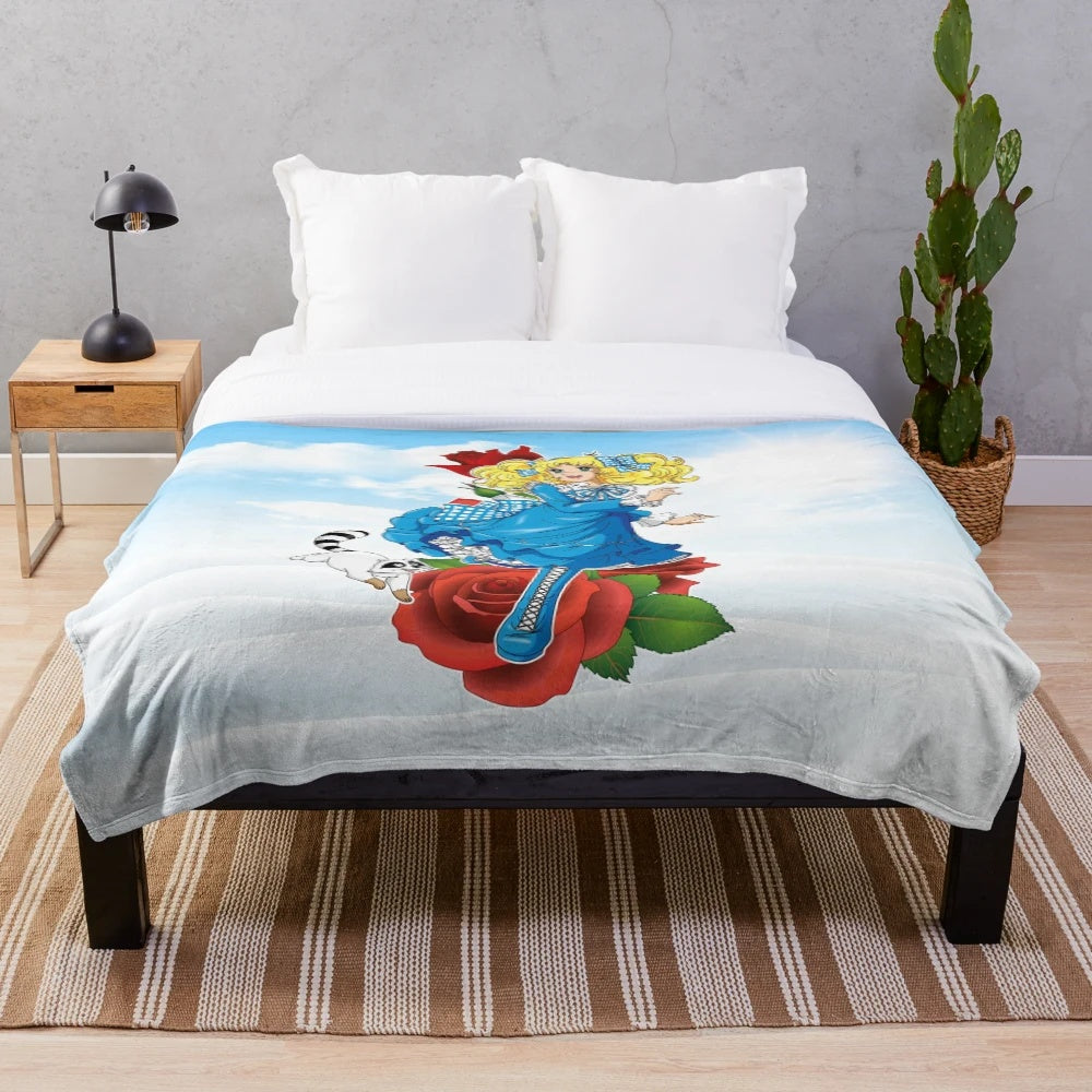 Vintage-style plush blanket with anime-inspired design