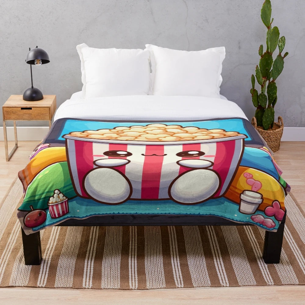 Vintage-inspired popcorn plush blanket with a kawaii cinema design