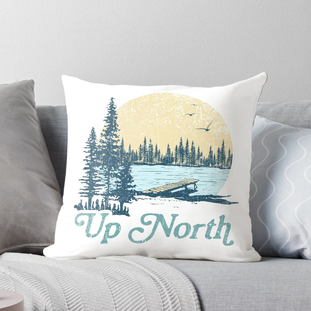 Vintage-inspired lake pillow with natural, rustic design for cottage or cabin decor