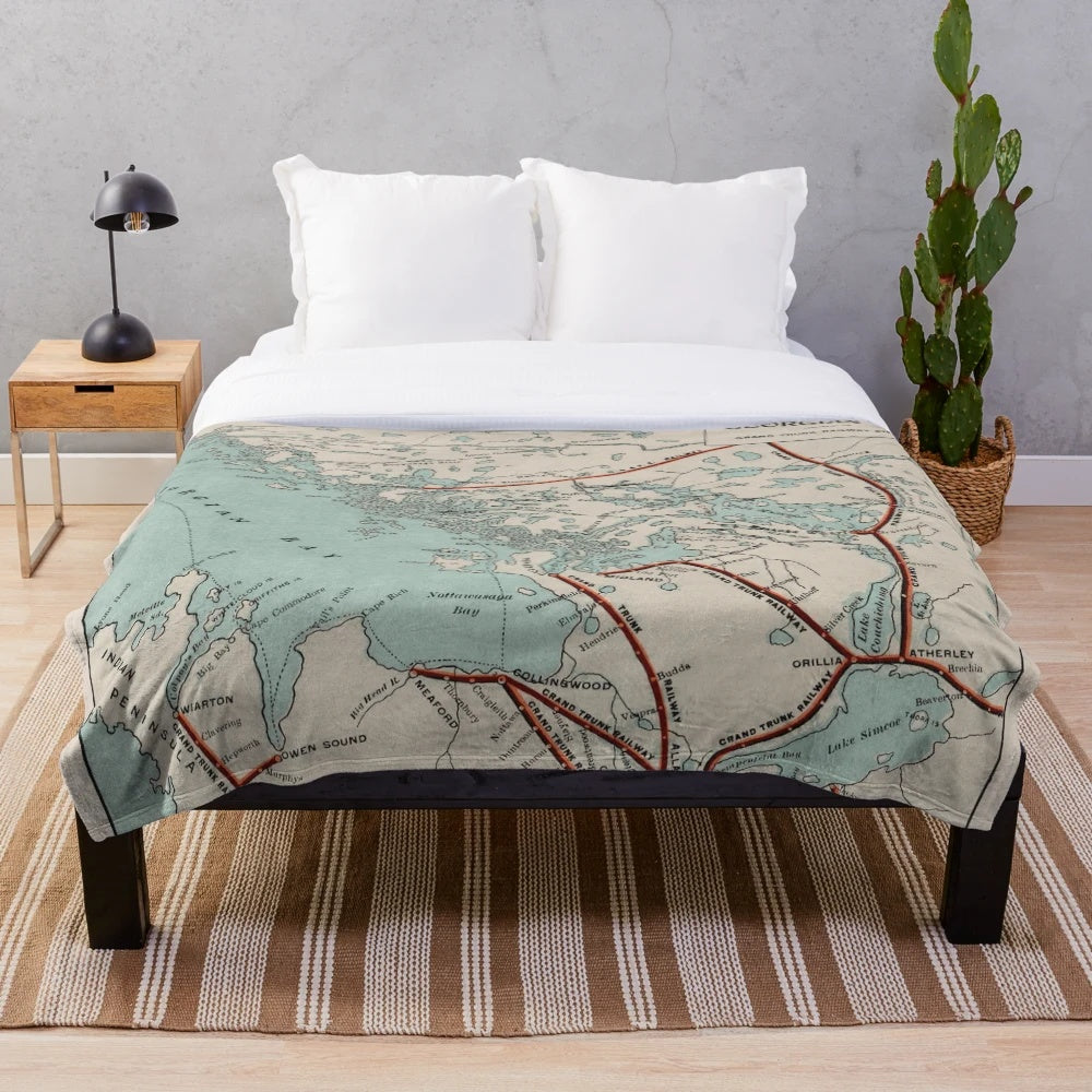Vintage map of Georgian Bay and Muskoka Lakes printed on a soft, plush blanket