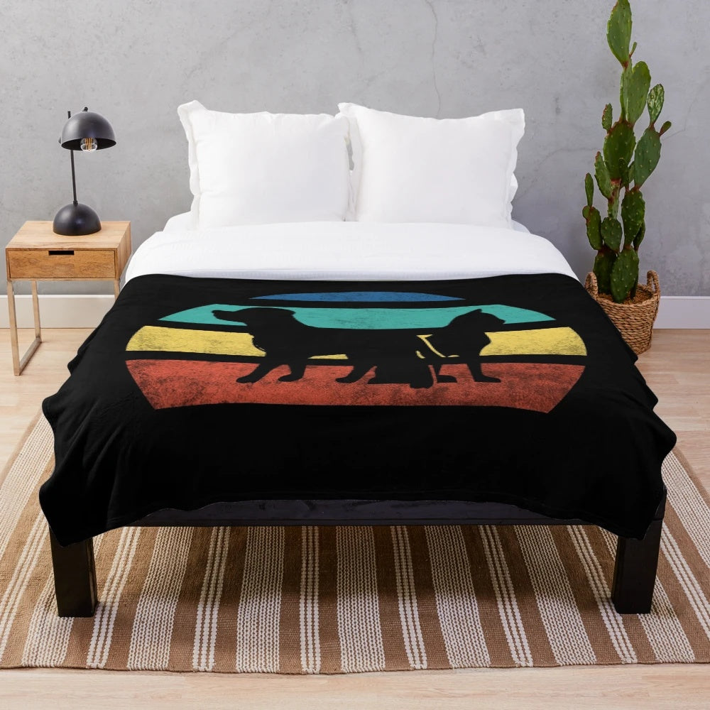 Vintage retro style plush blanket featuring a sunset design with cats and dogs