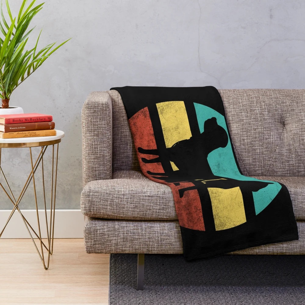 Vintage retro style plush blanket featuring a sunset design with cats and dogs