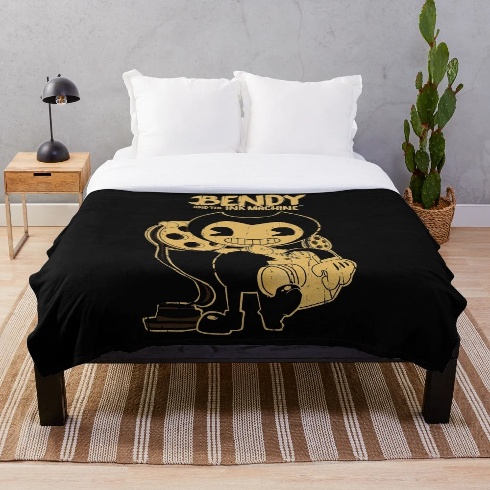 Vintage-inspired plush blanket featuring the ink demon from the video game Bendy and the Ink Machine