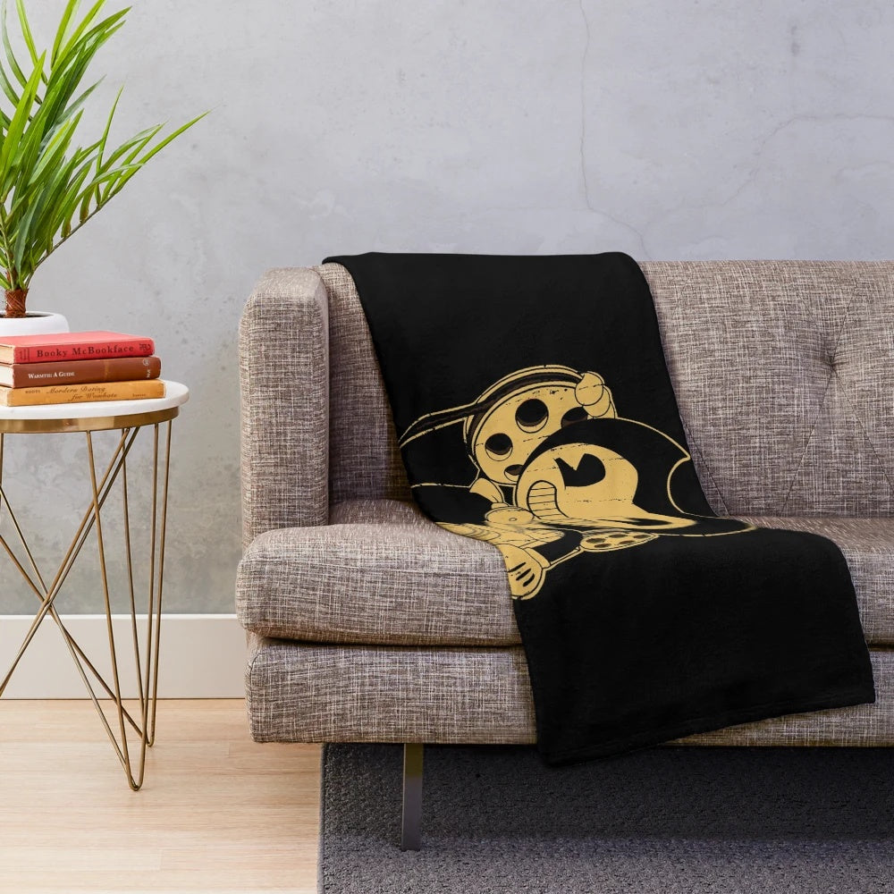 Vintage-inspired plush blanket featuring the ink demon from the video game Bendy and the Ink Machine