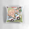 Vintage-style pillow featuring caricatures of beloved TV characters from the 70s and 80s