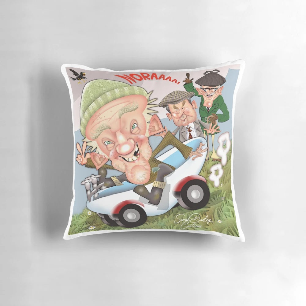 Vintage-style pillow featuring caricatures of beloved TV characters from the 70s and 80s