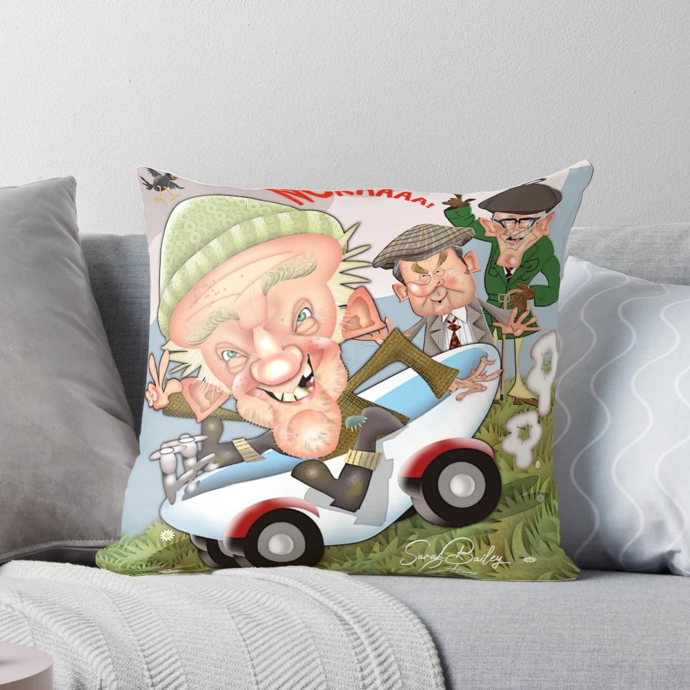 Vintage-style pillow featuring caricatures of beloved TV characters from the 70s and 80s