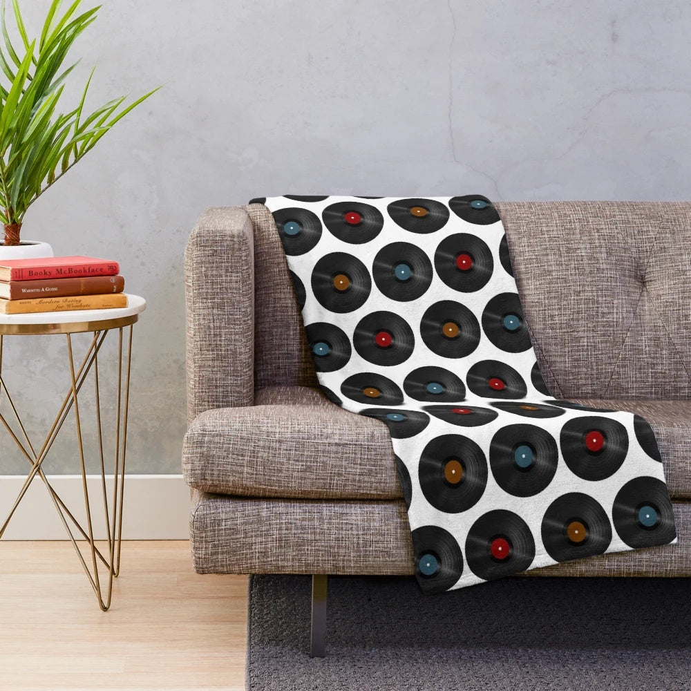 Vinyl records plush blanket with colorful retro design