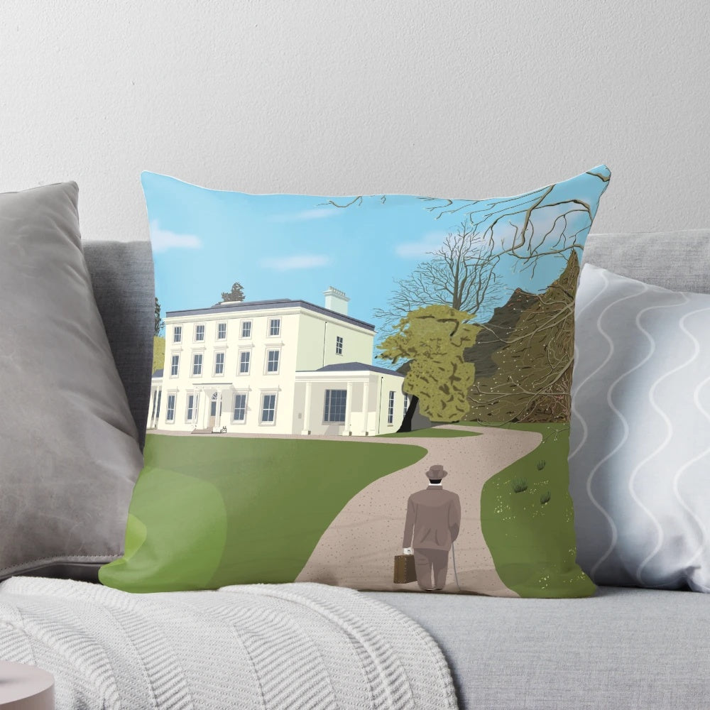 An image of a plush, comfortable pillow with a printed design inspired by Agatha Christie's Hercule Poirot mysteries.