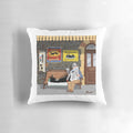 Plush waiting pillow featuring a greyhound dog and steam train design