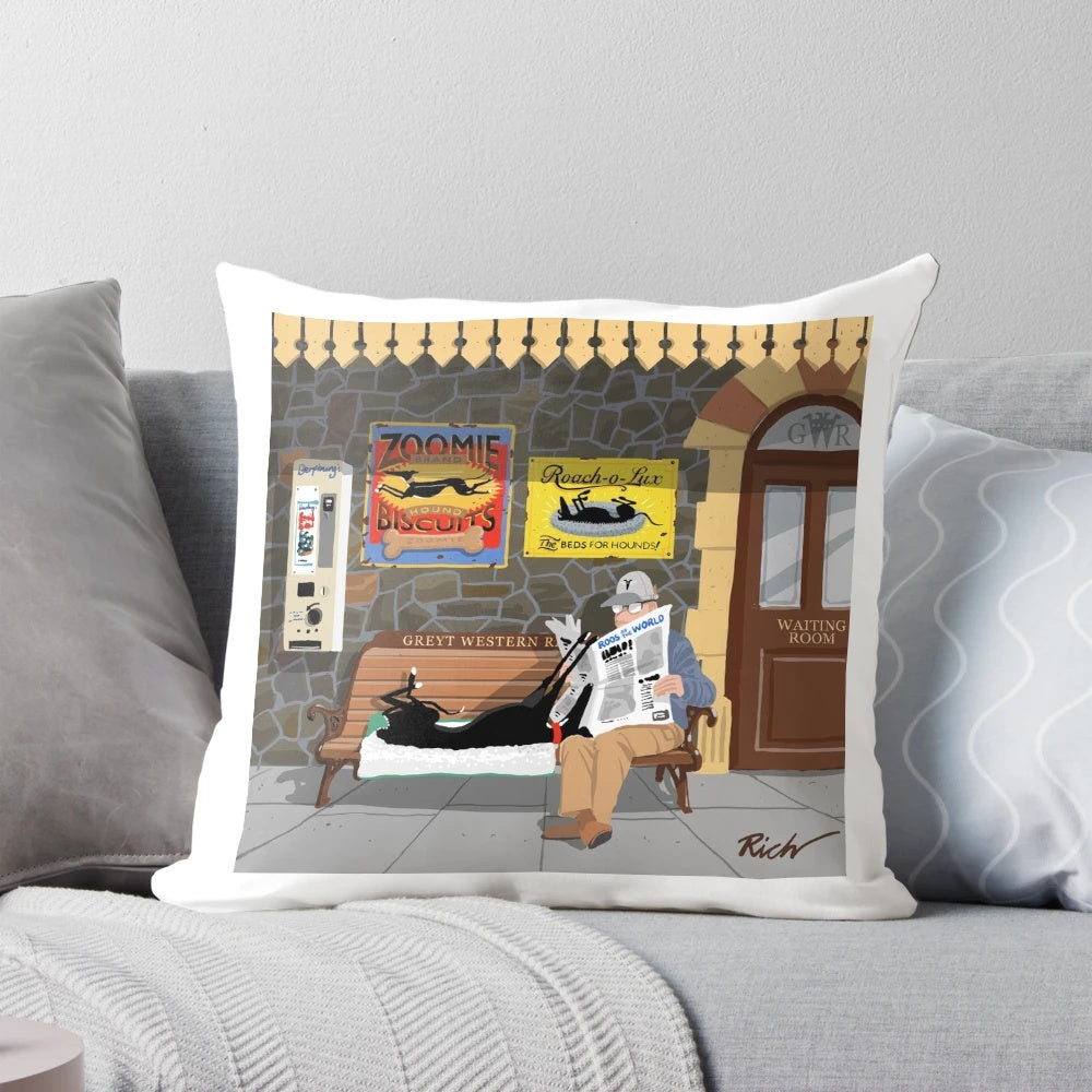 Plush waiting pillow featuring a greyhound dog and steam train design