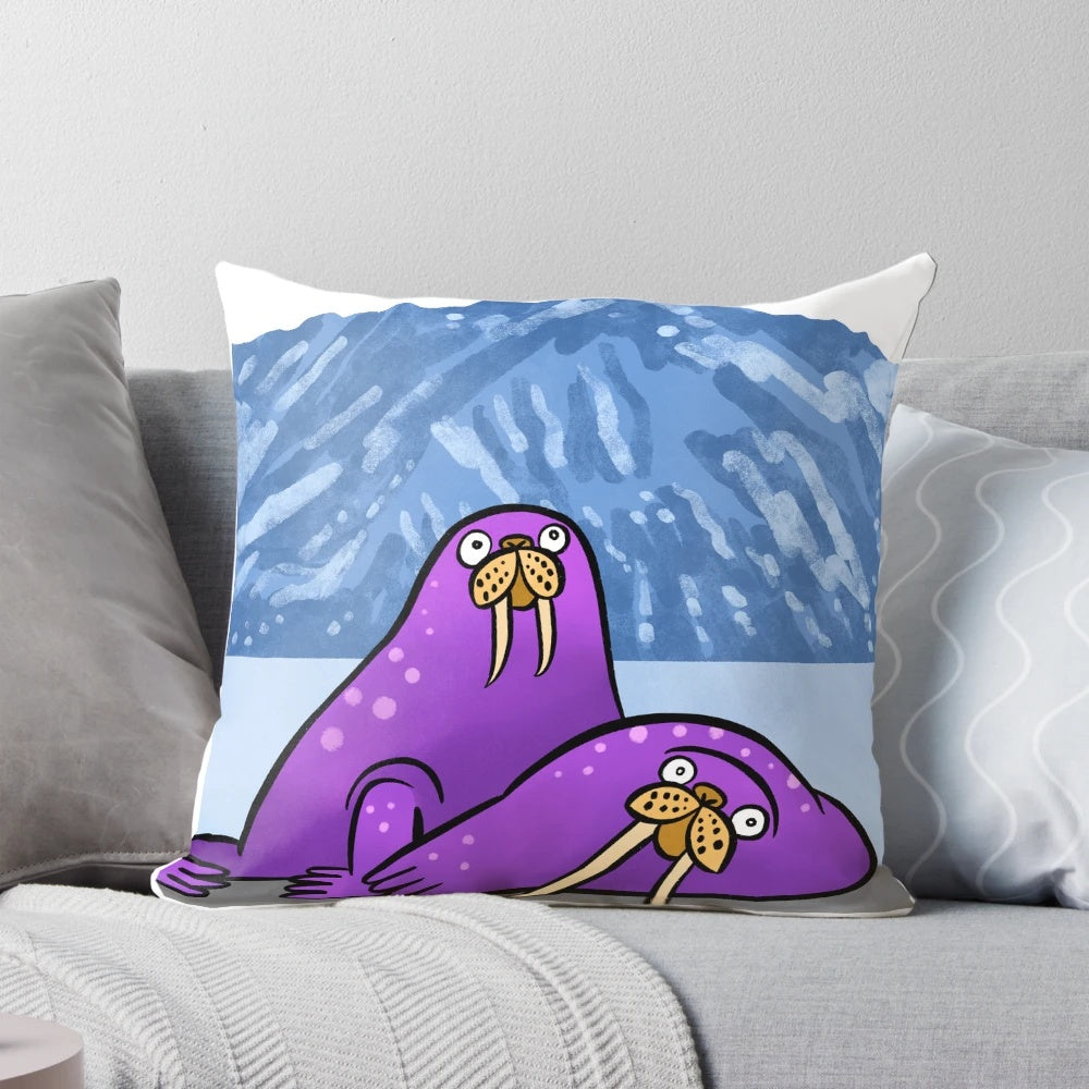 Two adorable cartoon walruses lounging on a pillow