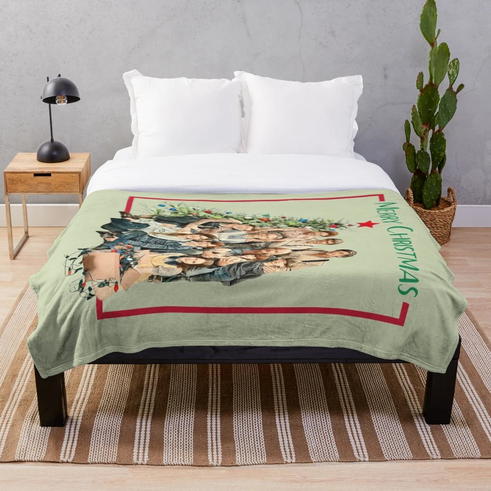 Walton family-themed Christmas plush blanket featuring blue ridge mountains and nostalgic imagery