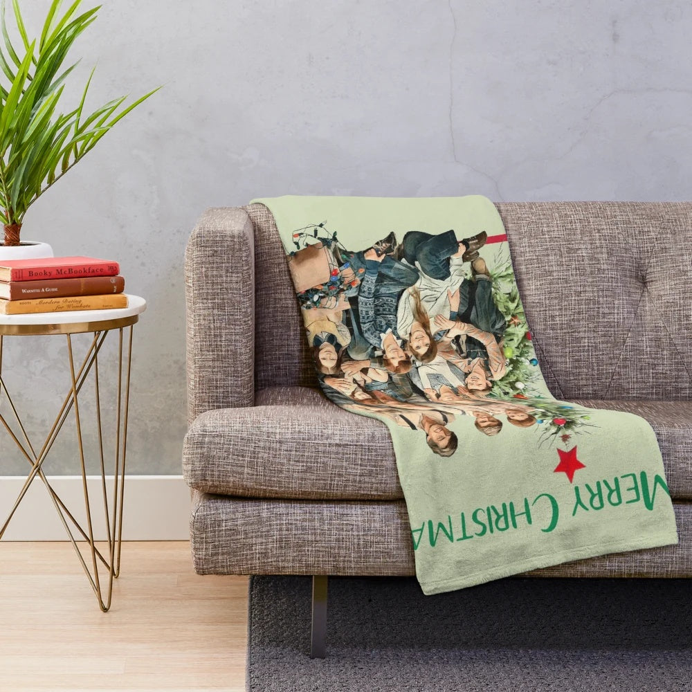 Walton family-themed Christmas plush blanket featuring blue ridge mountains and nostalgic imagery