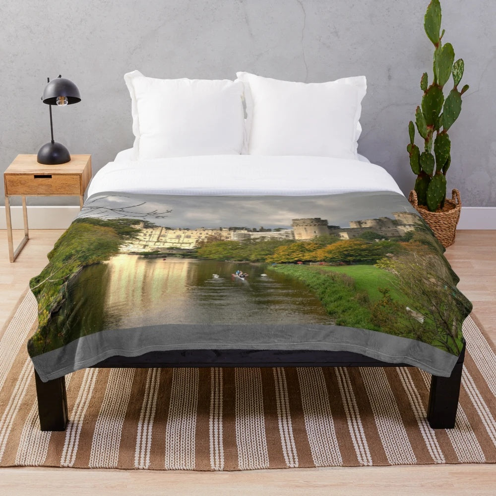 Warwick Castle plush blanket featuring the historic English landmark and autumn scenery