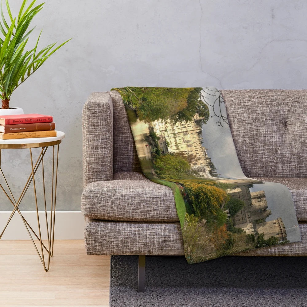 Warwick Castle plush blanket featuring the historic English landmark and autumn scenery