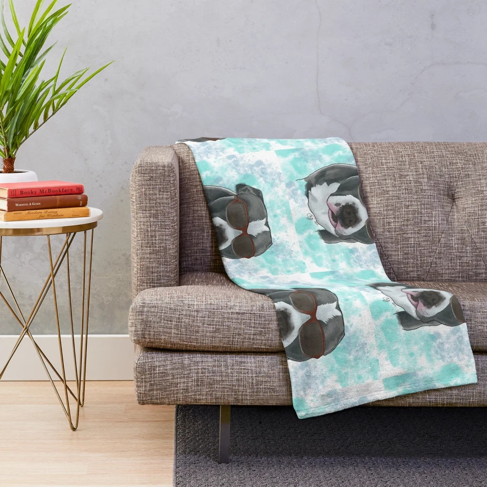 Watercolor illustration of an American Staffy dog wearing glasses on a plush blanket