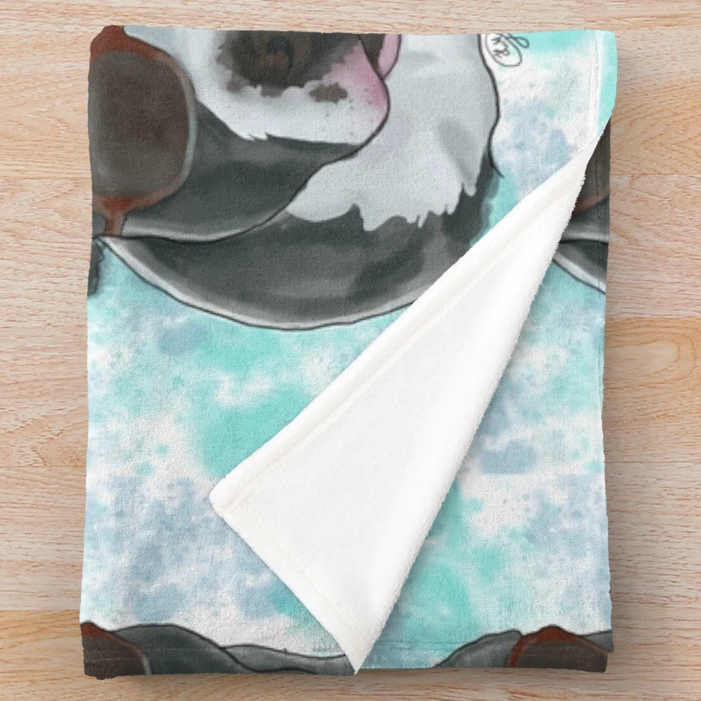 Watercolor illustration of an American Staffy dog wearing glasses on a plush blanket