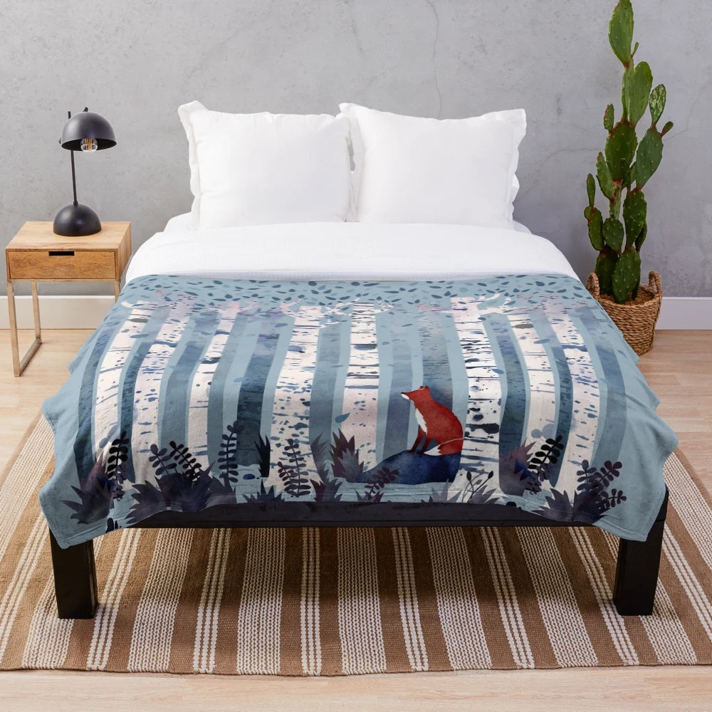 Soft and soothing blue plush blanket featuring a watercolor birch forest scene