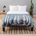 Soft and soothing blue plush blanket featuring a watercolor birch forest scene