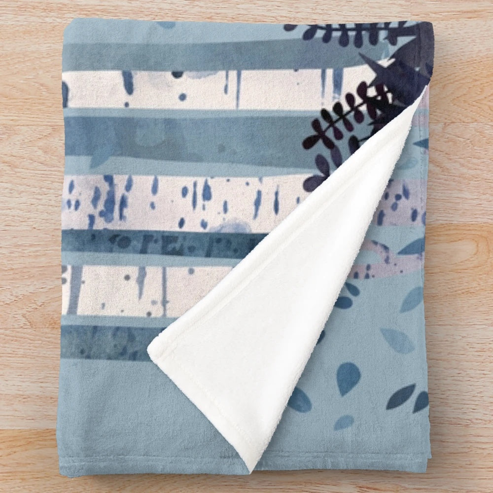 Soft and soothing blue plush blanket featuring a watercolor birch forest scene