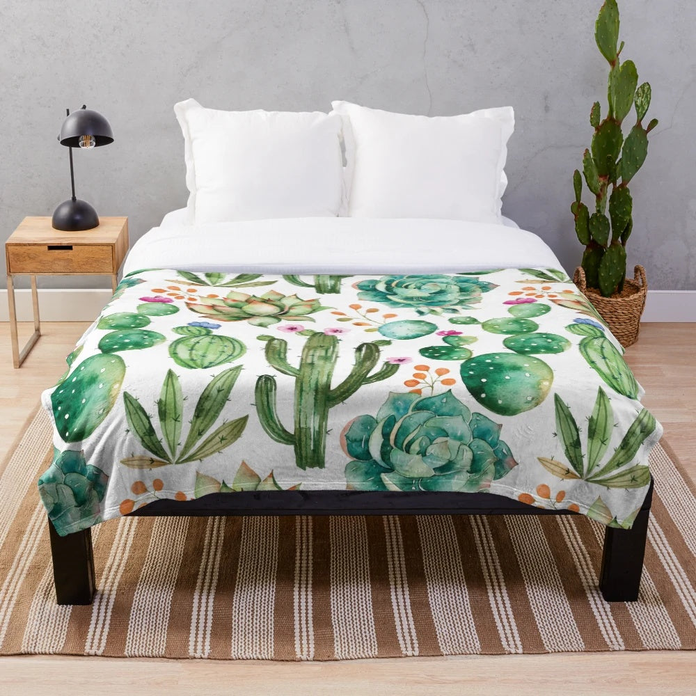 Soft, plush watercolor cactus pattern blanket
