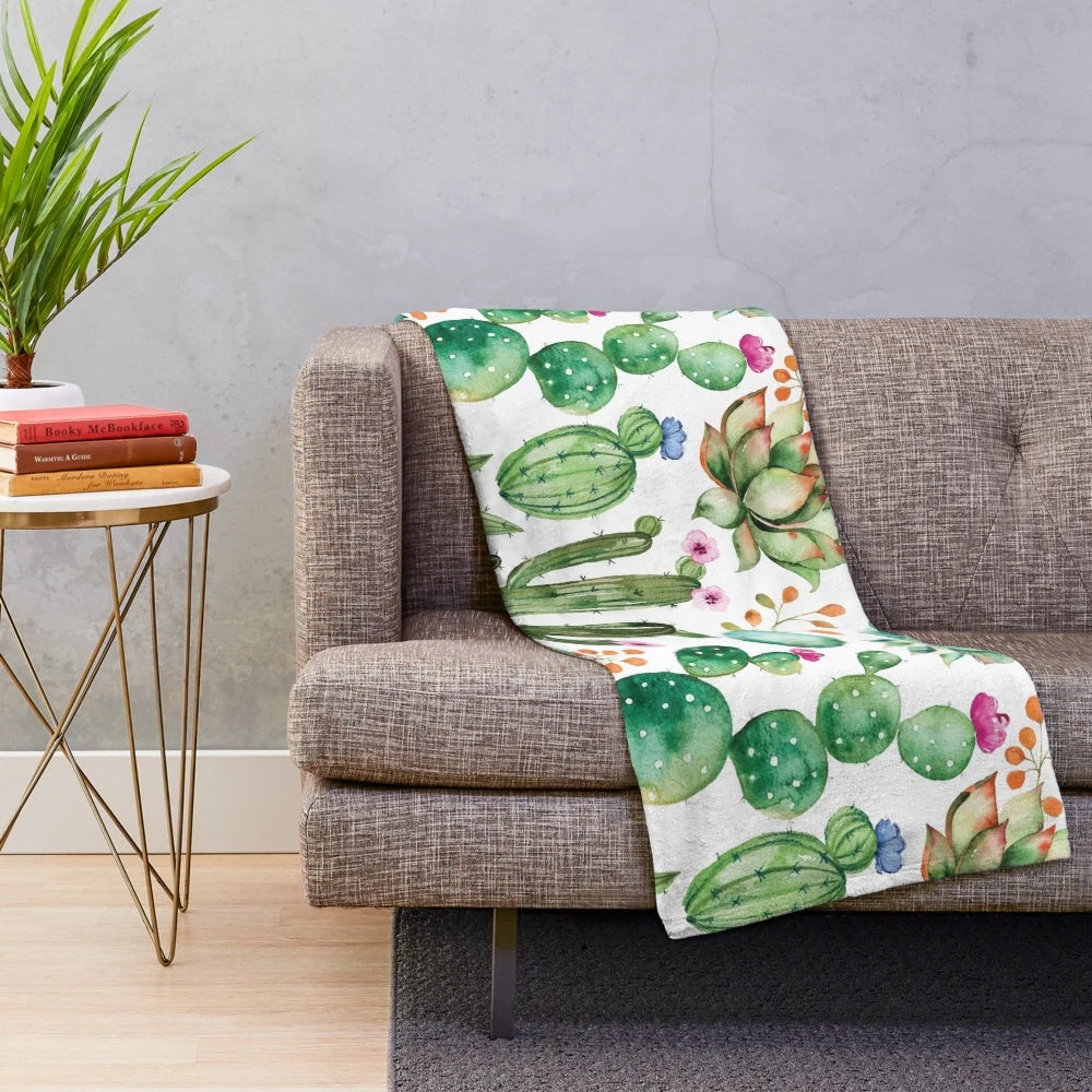 Soft, plush watercolor cactus pattern blanket