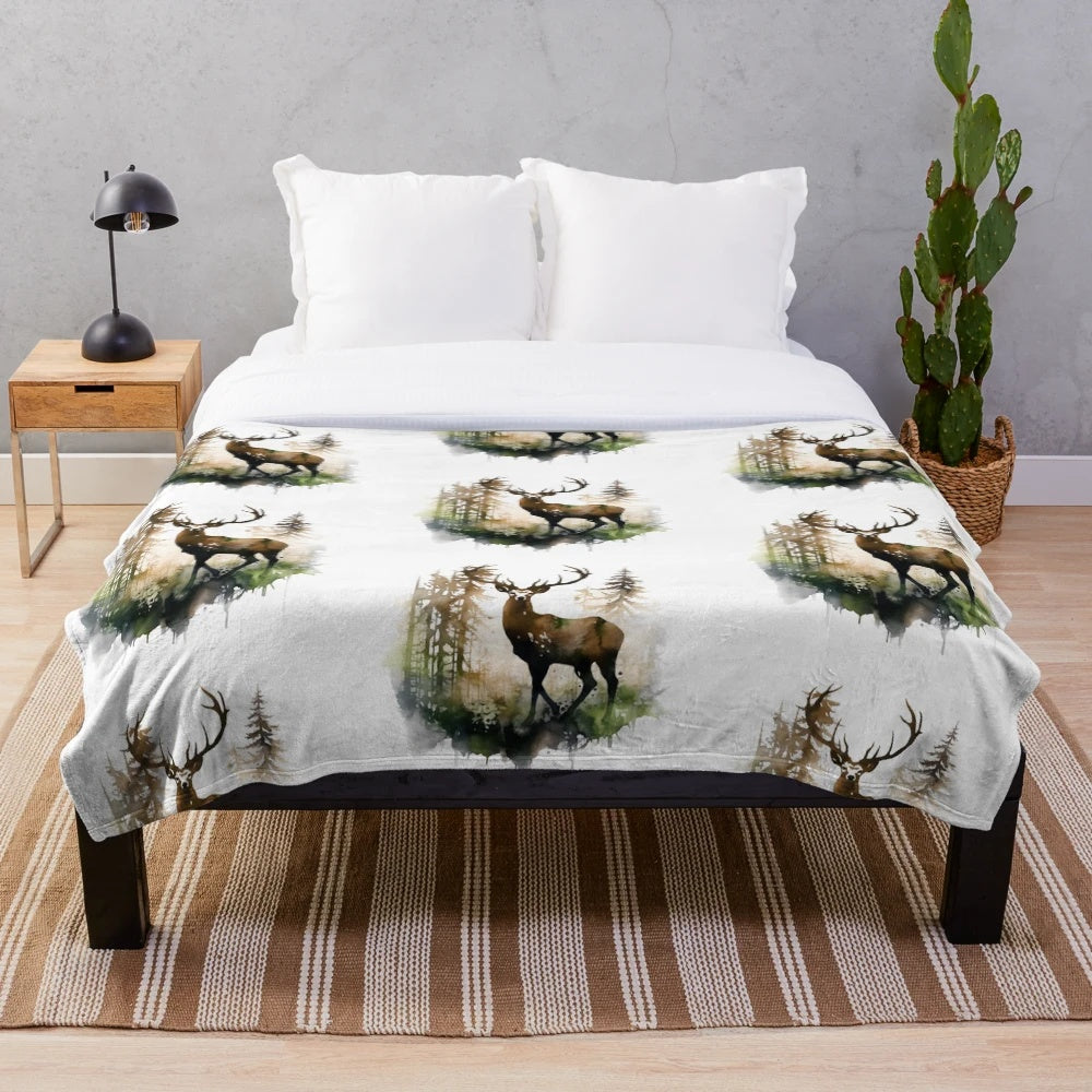 Colorful deer silhouette painting on a plush, cozy blanket
