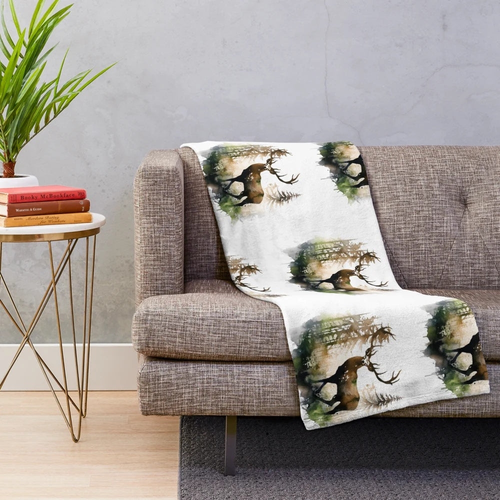Colorful deer silhouette painting on a plush, cozy blanket