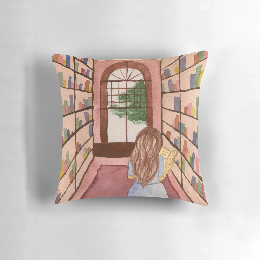 Watercolor illustration of a girl browsing books in a cozy library setting