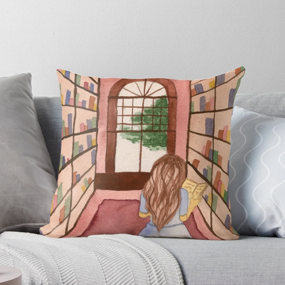 Watercolor illustration of a girl browsing books in a cozy library setting