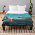 Cozy plush blanket featuring a watercolor winter landscape with northern lights