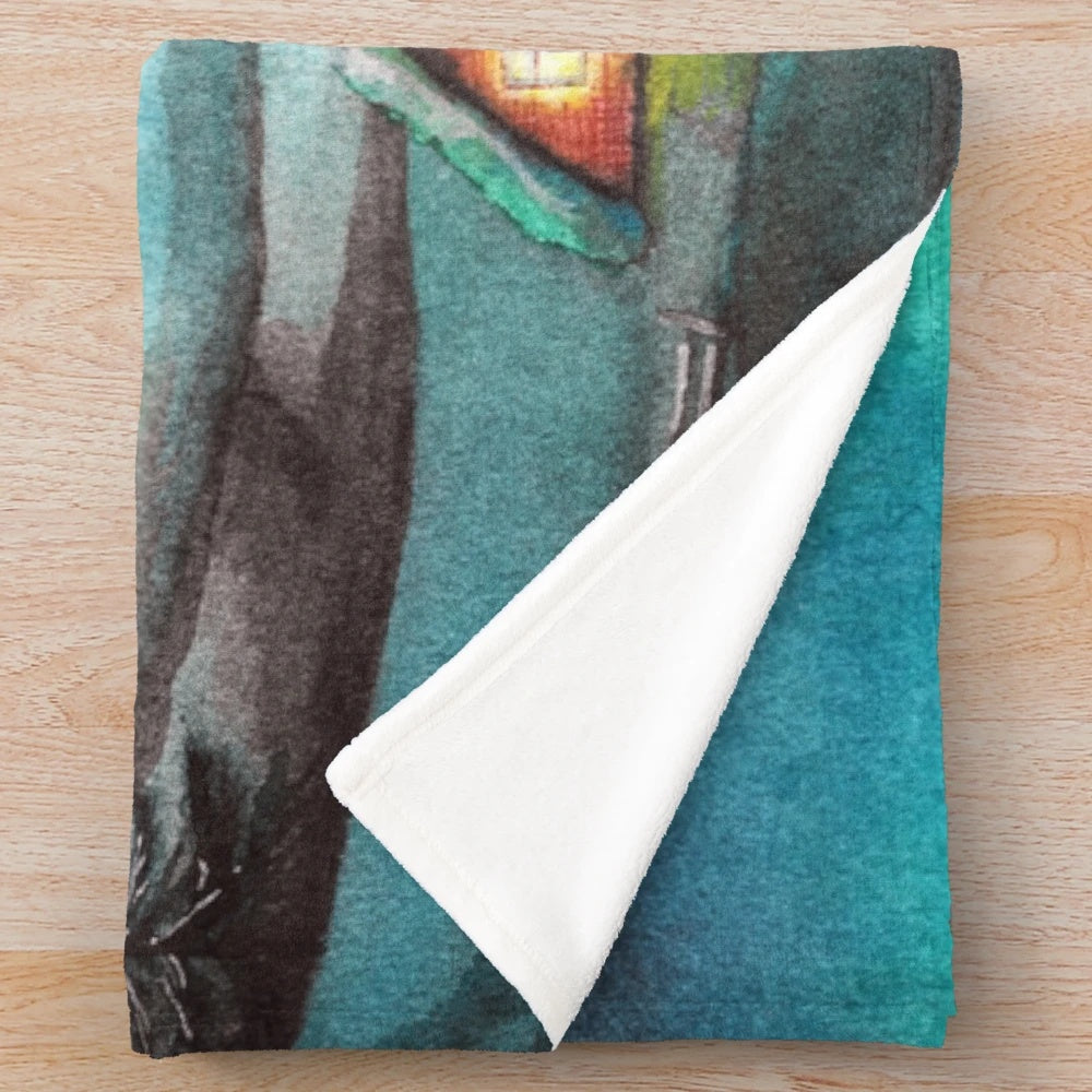 Cozy plush blanket featuring a watercolor winter landscape with northern lights