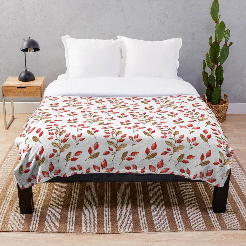 Watercolor rosehip pattern plush blanket