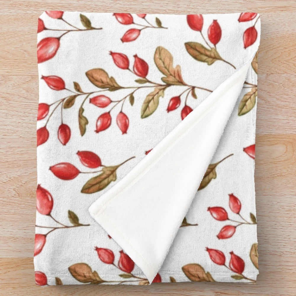 Watercolor rosehip pattern plush blanket