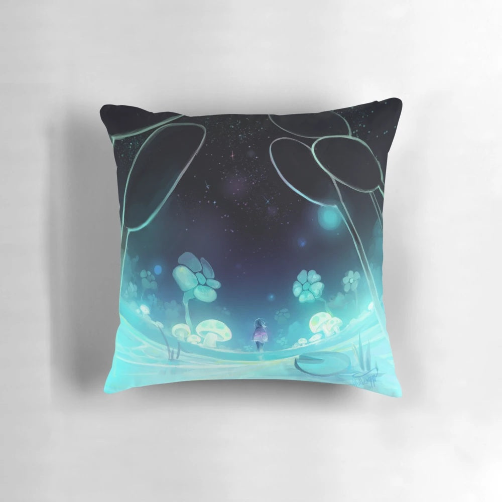 A plush pillow with a serene waterfall landscape and nature elements inspired by the video game Undertale.