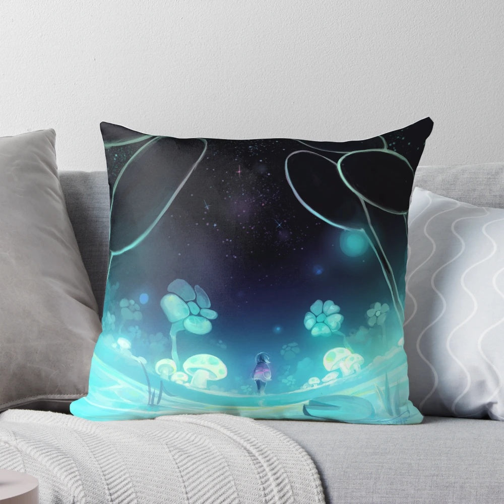 A plush pillow with a serene waterfall landscape and nature elements inspired by the video game Undertale.