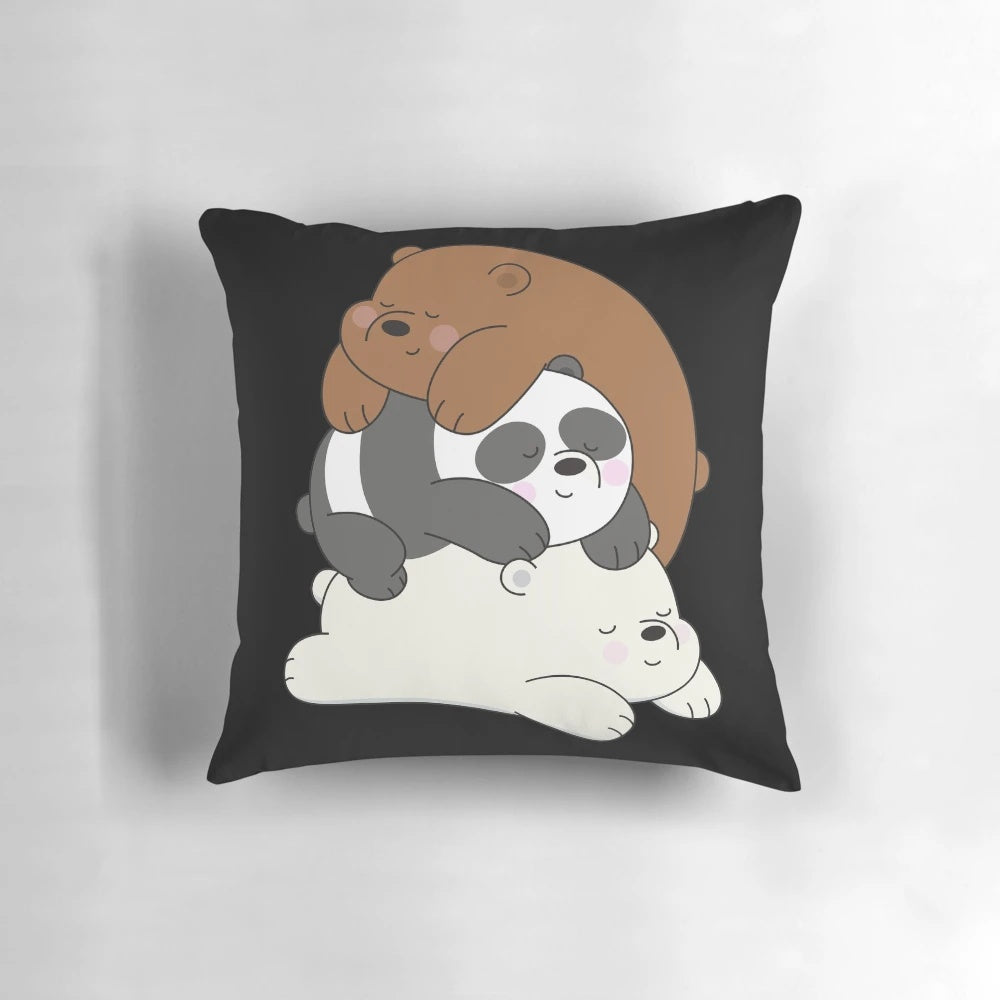 We Bare Bears character pillow featuring the three bear brothers - Panda, Ice Bear, and Grizzly.