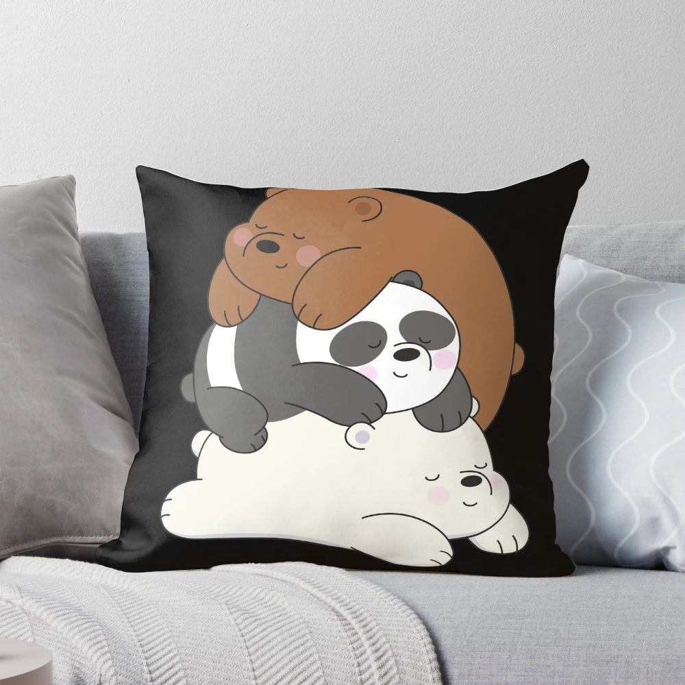 We Bare Bears character pillow featuring the three bear brothers - Panda, Ice Bear, and Grizzly.