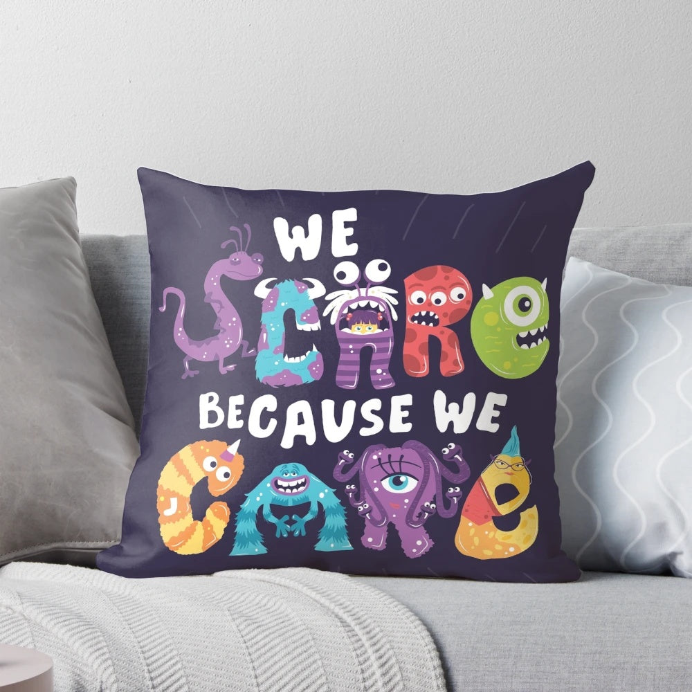 A plush 'We Scare Because We Care' monster-themed throw pillow with stylish typography