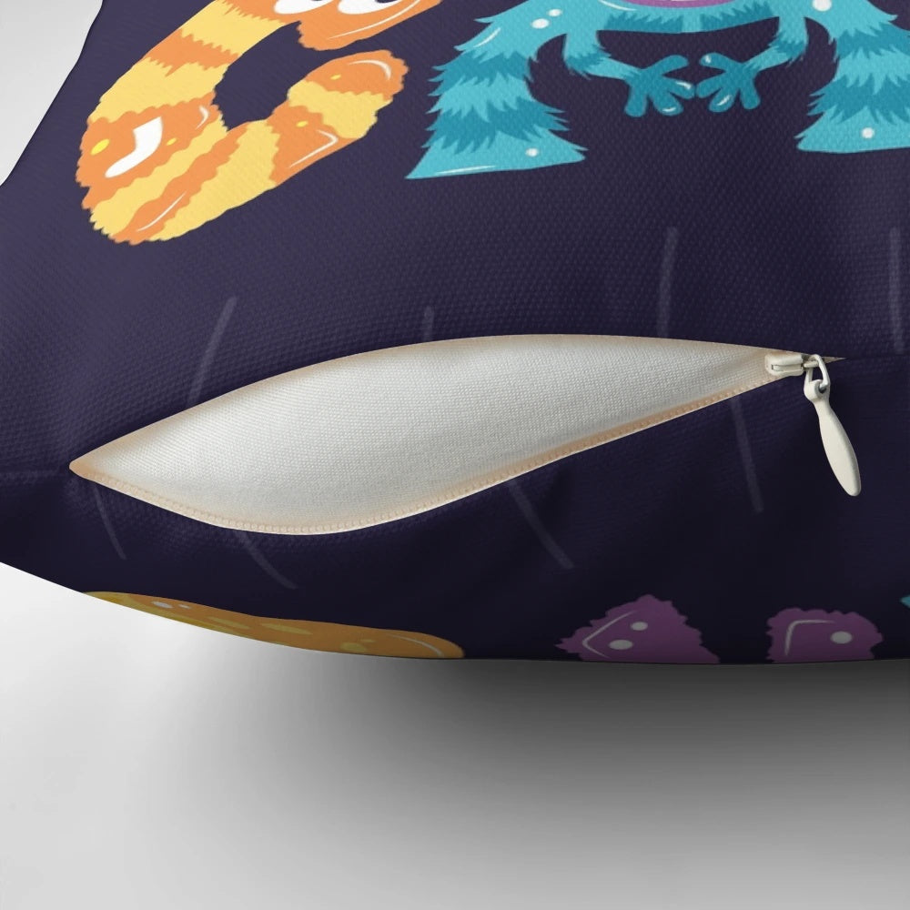 A plush 'We Scare Because We Care' monster-themed throw pillow with stylish typography